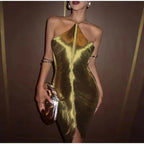 Halter Neck Metallic Center Seam Side Slit Bodycon Midi Dress