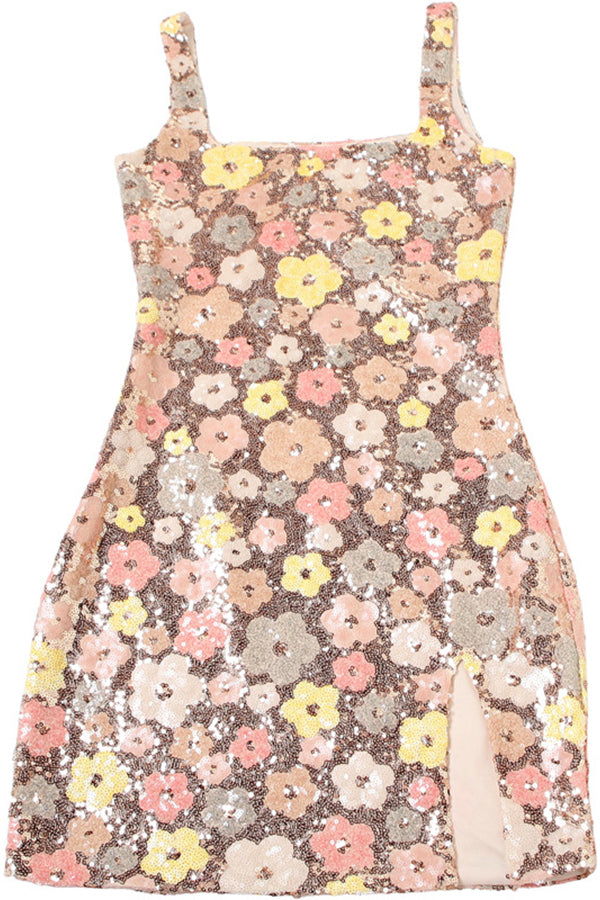 Sequined Flower Sexy Square Neck Slim Fit Mini Dress