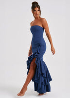 Strapless Ruffle Cascade High-Low Maxi Gown