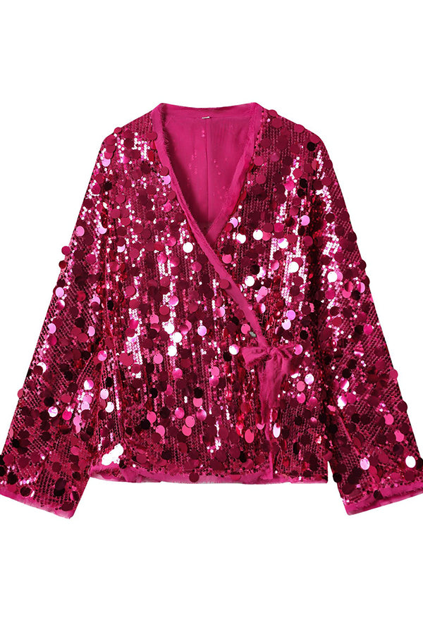 Fashion Sequined Long-sleeved V-neck Loose Lace-up Cardigan