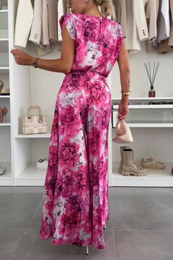 Fashionable Round Neck Shoulder Pads Top and Elastic Waist Pleated Wide-leg Pants Set