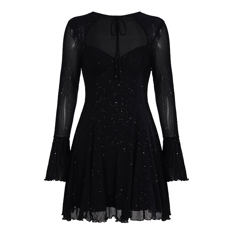 Mesh Glitter Lace Up Keyhole Long Sleeve Tiered Fit and Flare Mini Dress