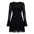 Mesh Glitter Lace Up Keyhole Long Sleeve Tiered Fit and Flare Mini Dress