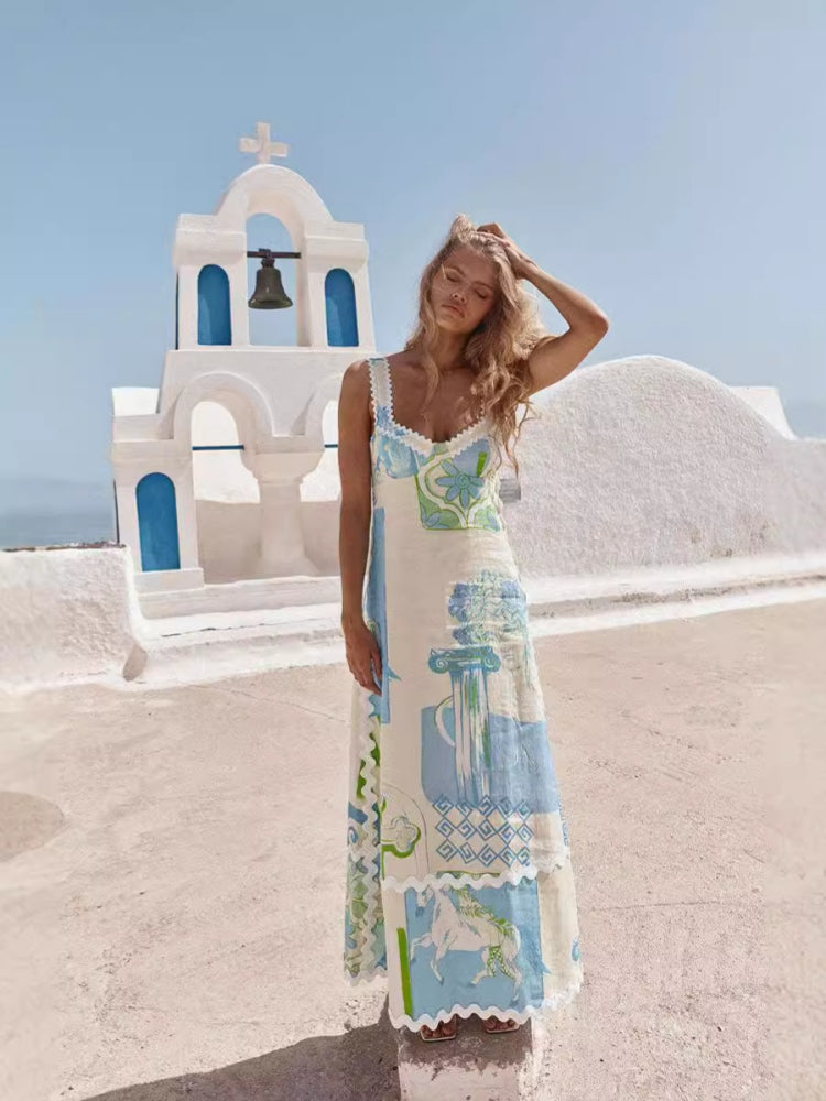 Baroque Column Print Sweetheart Neck Lace Trim Tiered Maxi Dress