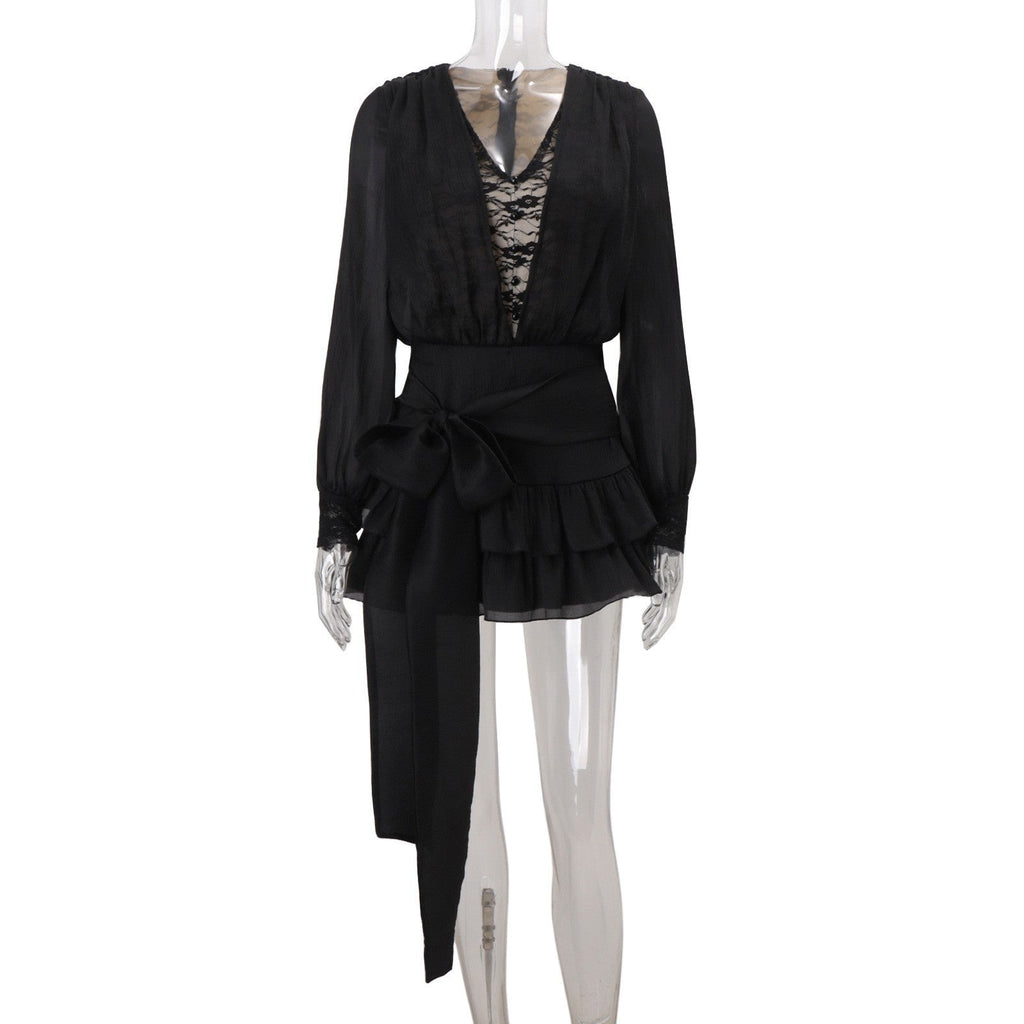Lace Panel Deep V-Neck Bishop Sleeve Tiered Ruffle Two-Piece Set