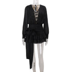 Lace Panel Deep V-Neck Bishop Sleeve Tiered Ruffle Two-Piece Set