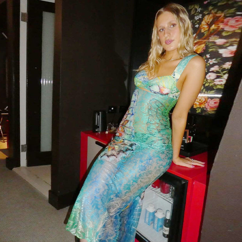 Sweetheart Neck Wide Strap Butterfly Print Burnout Mesh Bodycon Maxi Dress