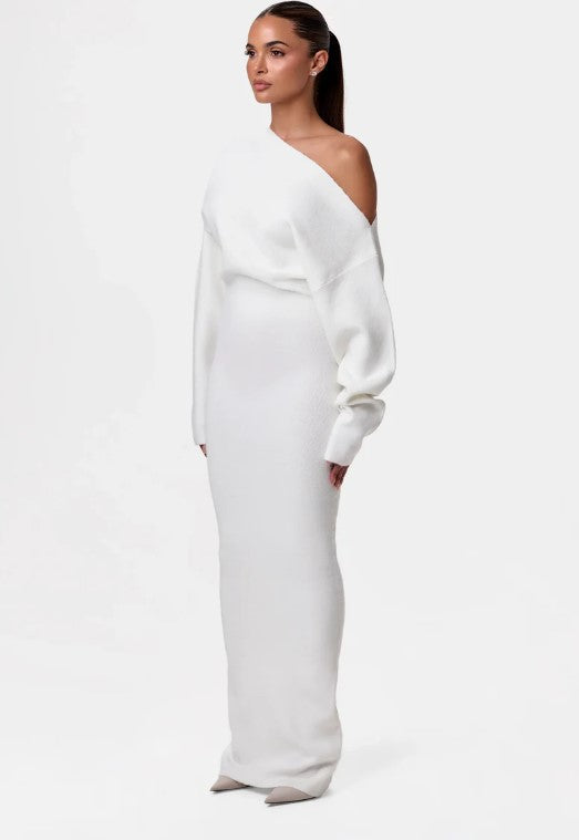 Asymmetric Off Shoulder Long Sleeve Knit Column Maxi Dress
