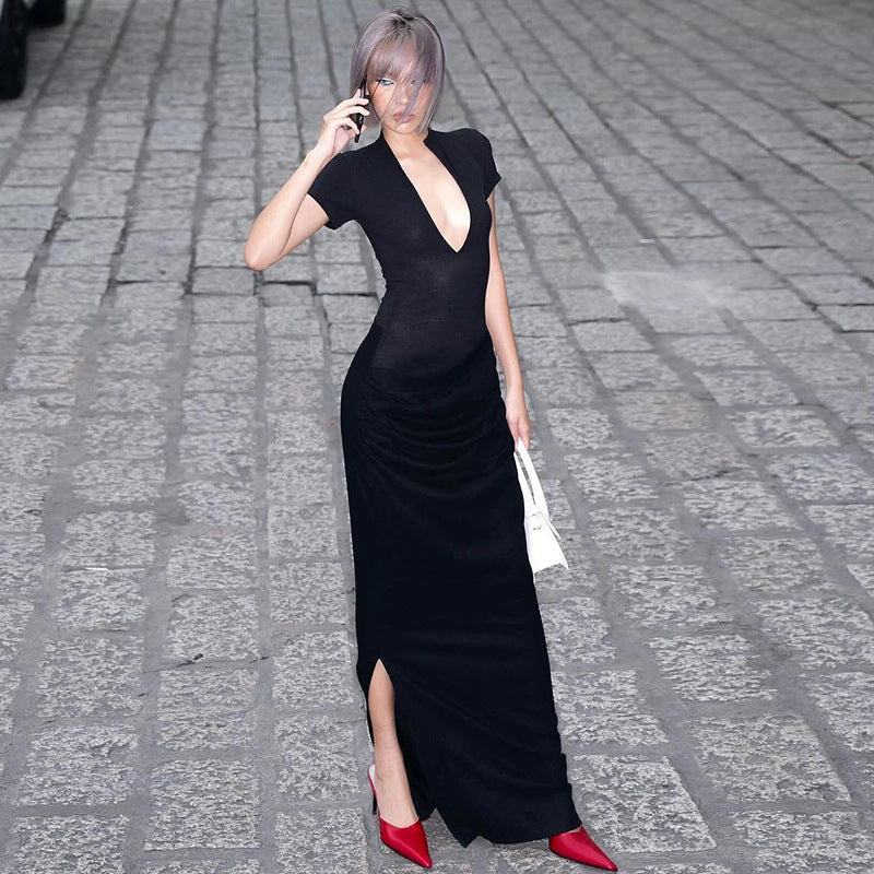 Mock Neck Deep V Neck Cap Sleeve Ruched Bodycon Maxi Dress