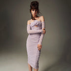 Purple Long Sleeve Dress Slim One Neck Sleeve Floral Tulle Dress