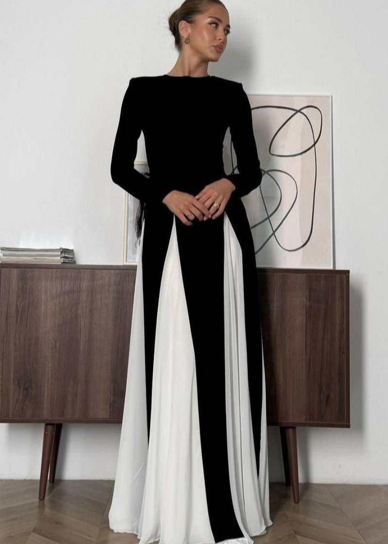 Mock Neck Long Sleeve Pleated Godet Panel Fit and Flare Maxi Dress
