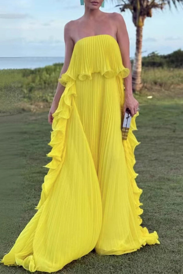 Reina Chiffon Pleated Wavy Ruffles Trim Strapless Loose Maxi Dress