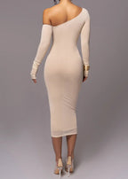 One Shoulder Long Sleeve Ruched Mesh Bodycon Midi Dress