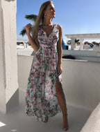 Floral Print Surplice Neck Sleeveless Chiffon Side Slit Maxi Dress