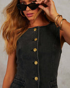 Button Sleeveless Vest Wide-Leg Jeans Set