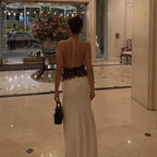 Halter Plunging V-Neck Lace Panel Waist Satin Slip Maxi Dress