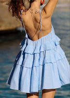 Square Neck Tie Shoulder Three Tier Ruffle Babydoll Mini Dress