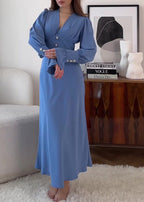 Deep V Neck Puff Sleeve Button Detail Structured Waist Midi Dress