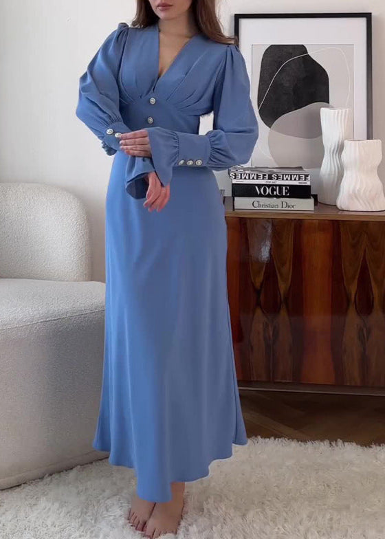 Deep V Neck Puff Sleeve Button Detail Structured Waist Midi Dress
