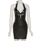 Faux Leather Halter Neck Twist Front Keyhole Cut Out Ruched Bodycon Mini Dress