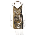 Chainmail Halter Cowl Neck High Slit Belted Mini Dress