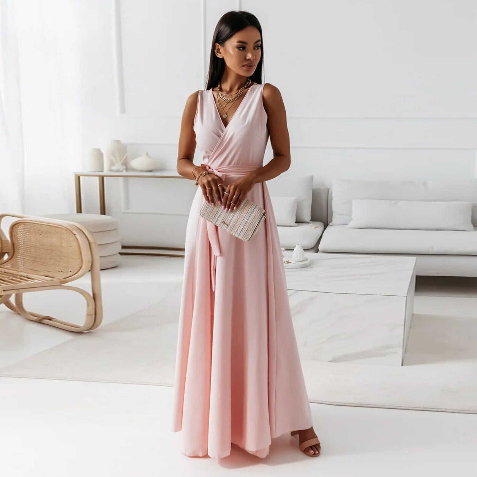 Edvige Timeless Women's Solid Color V Neck Long Dress Elevated Occasion Wear
