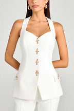 Women Power Metal Cross Snap Button Sweetheart Neck Wide Strap Vest
