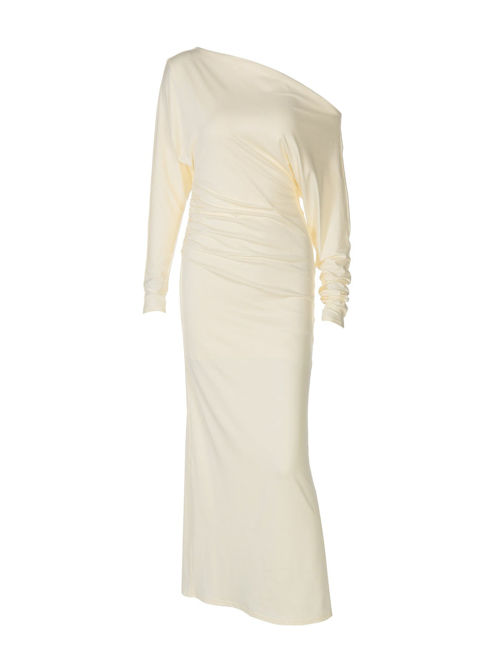 One Shoulder Long Sleeve Ruched Waist Chain Belt Maxi Dress