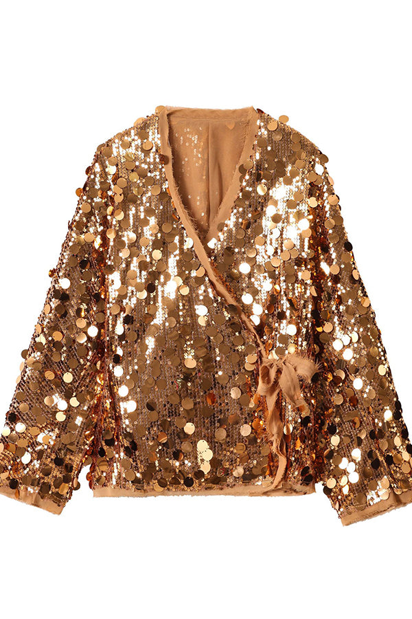 Fashion Sequined Long-sleeved V-neck Loose Lace-up Cardigan