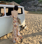 Vintage Print Halter Neck Fishtail Trim Sleeveless Maxi Dress - Apricot