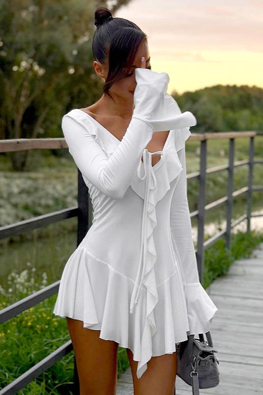 Ruffle Trim Deep V-Neck Tie Front Long Sleeve Tiered Asymmetric Hem Mini Dress