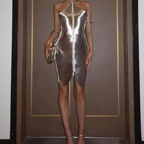Halter Neck Metallic Center Seam Side Slit Bodycon Midi Dress