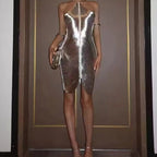 Halter Neck Metallic Center Seam Side Slit Bodycon Midi Dress