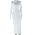 Solid Color Dress Off Shoulder Long Sleeve Mesh Stitching Dress