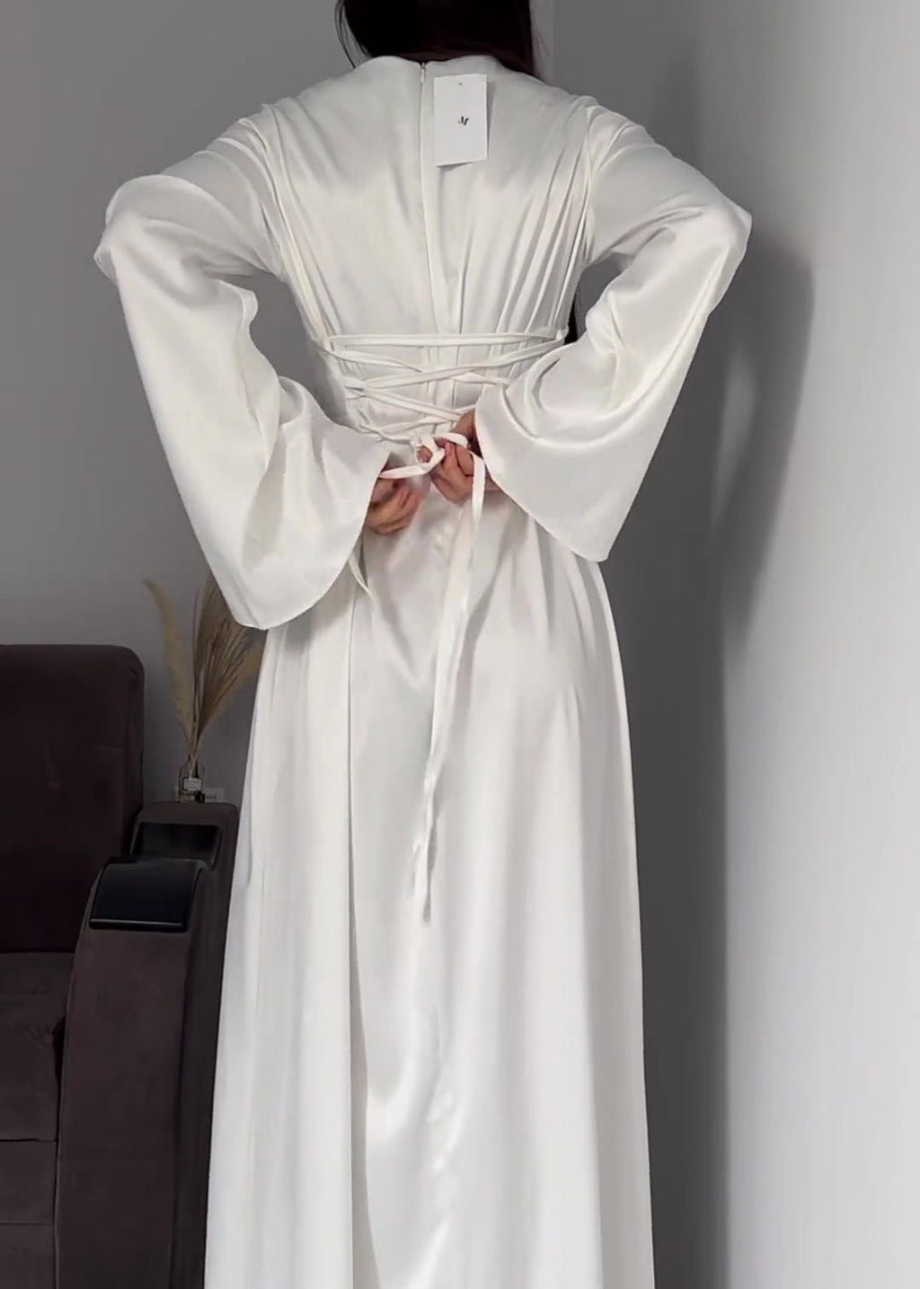 Satin Crew Neck Bell Sleeve Column Maxi Dress