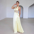 Halter Plunging V-Neck Lace Panel Waist Satin Slip Maxi Dress