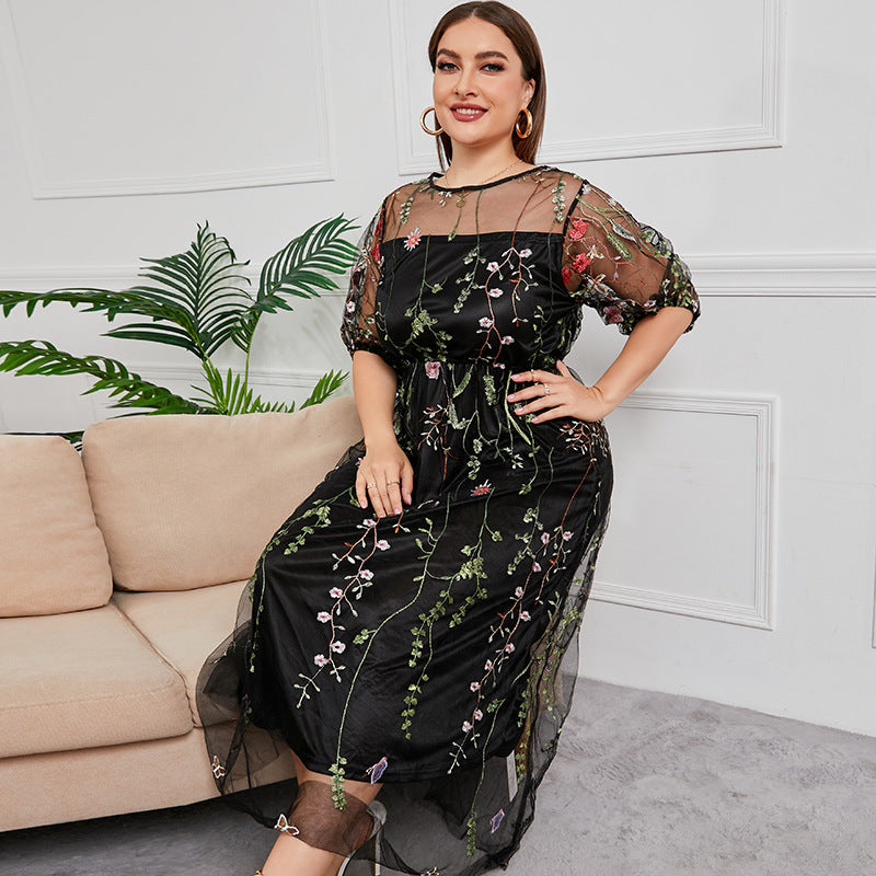 Mesh Embroidered Formal Party Maxi Dress