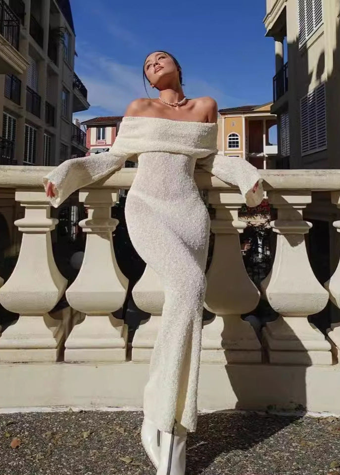 Off Shoulder Shimmer Knit Bodycon Maxi Dress