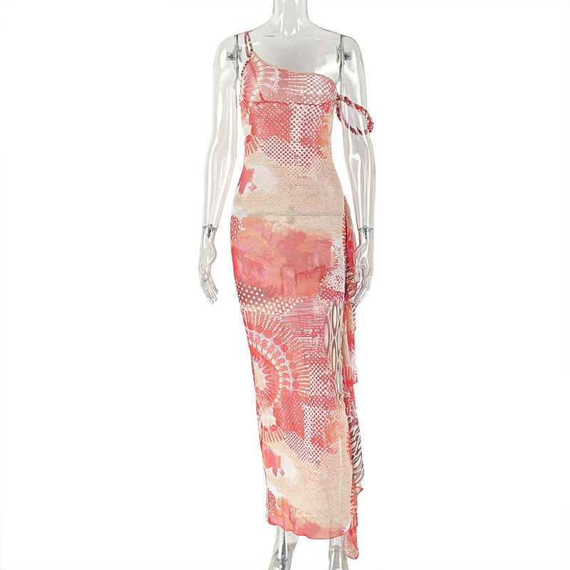 Abstract Print One Shoulder Ruched Bodycon Maxi Dress