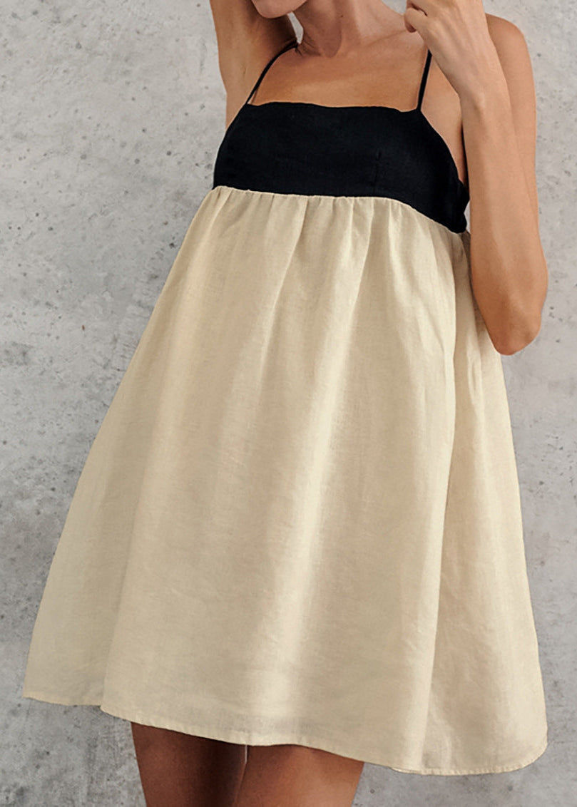 Contrast Band Spaghetti Strap Empire Waist Linen A-Line Mini Dress