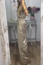 Rita Metallic Fabric Back Buttons Crop Tank and Elastic Waist Pocketed Wide Leg Pants Set