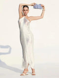 Halter Neck Fringe Texture Layered Hem Maxi Dress