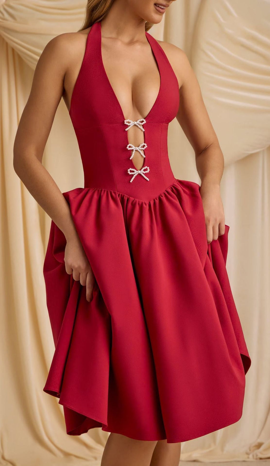 Halter Deep V Rhinestone Bow Trim Gathered Fit and Flare Mini Dress