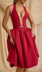 Halter Deep V Rhinestone Bow Trim Gathered Fit and Flare Mini Dress