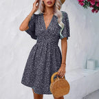 Vania Minimalist Women's Floral Dress with Chic V Neck and Voluminous Sleeves Boutique Collection