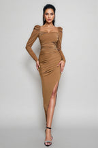 Kretska Sheath Long Sleeve Slim Backless Pleated Midi Dress
