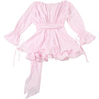 Solid Color Long Sleeve V-Neck Lace-Up Elegant Flower Decorated Mini Dress