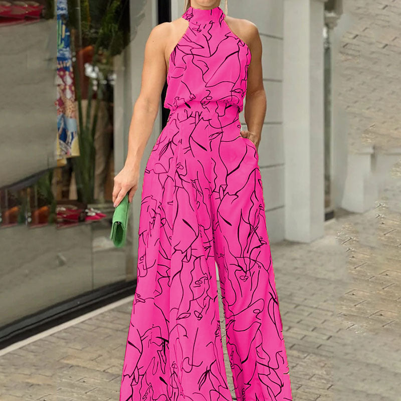 High Waist Lace up Sleeveless Halter Jumpsuit