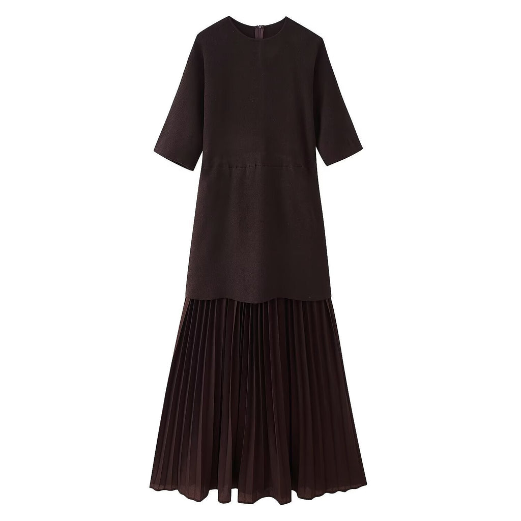 Dolman Sleeve Knit Bodice Pleated Midi Dress