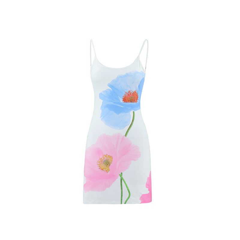 Floral Print Spaghetti Strap Deep U-Back Slim Fit Mini Dress